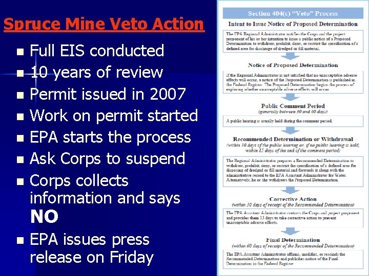 Spruce Mine Veto Action Full EIS conducted n 10 years of review n Permit