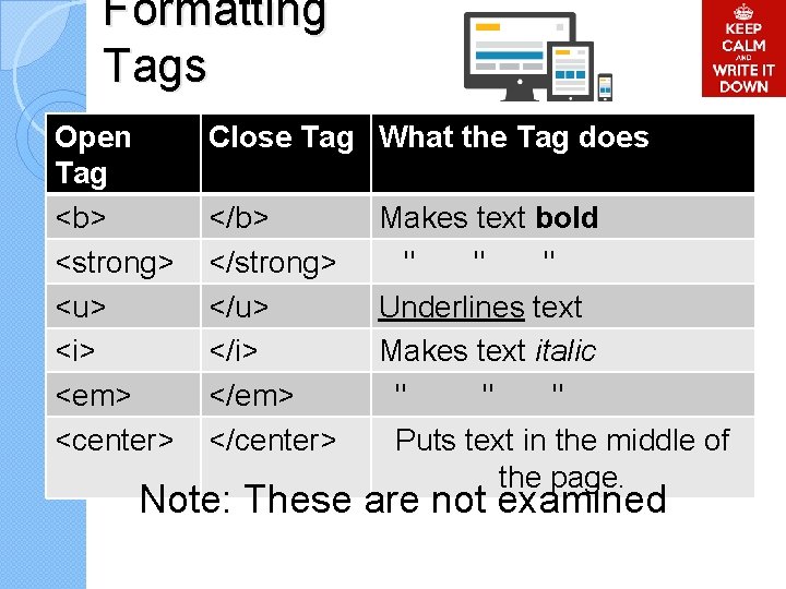 Formatting Tags Open Tag <b> <strong> <u> <i> <em> <center> Close Tag What the Formatting Tags Open Tag <b> <strong> <u> <i> <em> <center> Close Tag What the