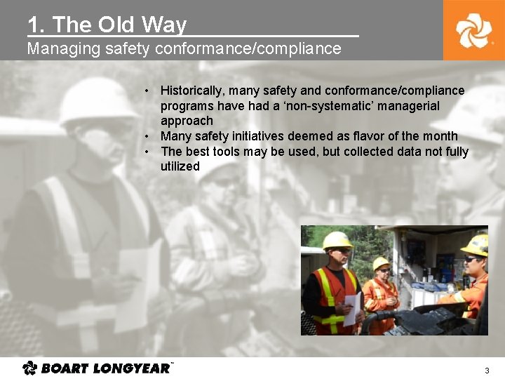 1. The Old Way Managing safety conformance/compliance • Historically, many safety and conformance/compliance programs