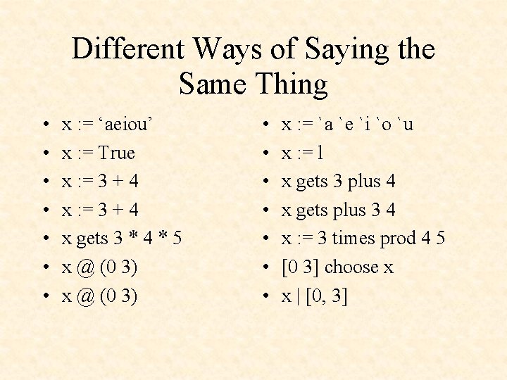 Different Ways of Saying the Same Thing • • x : = ‘aeiou’ x