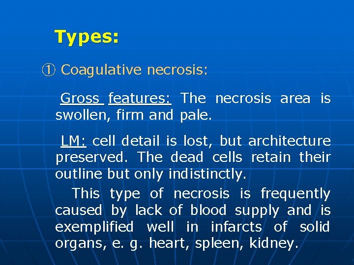Types: ① Coagulative necrosis: Gross features: The necrosis area is swollen, firm and pale.