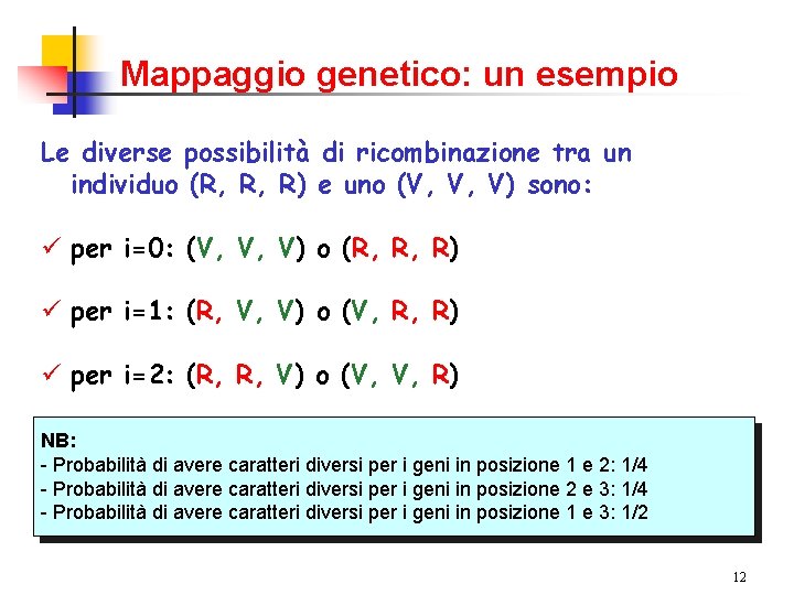 Mappaggio genetico: un esempio Le diverse possibilità di ricombinazione tra un individuo (R, R,