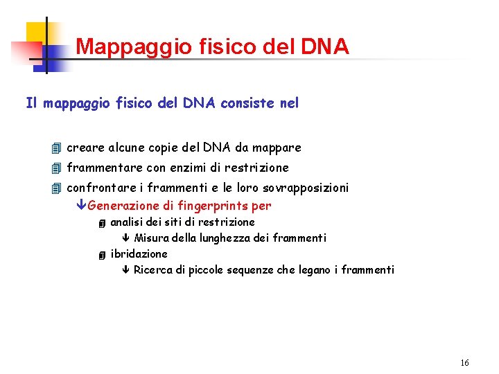 Mappaggio fisico del DNA Il mappaggio fisico del DNA consiste nel 4 creare alcune