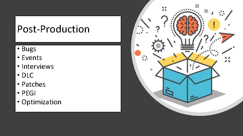 Post-Production • Bugs • Events • Interviews • DLC • Patches • PEGI •