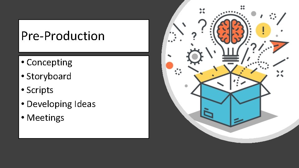 Pre-Production • Concepting • Storyboard • Scripts • Developing Ideas • Meetings 