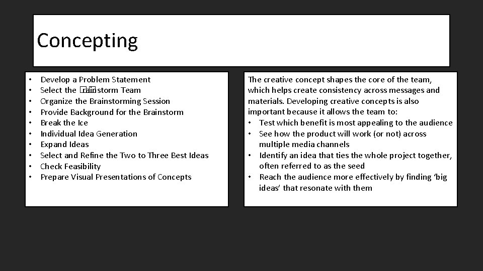 Concepting • • • Develop a Problem Statement Select the �� rainstorm Team Organize