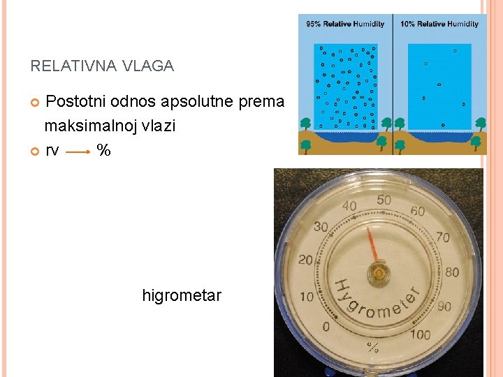 RELATIVNA VLAGA Postotni odnos apsolutne prema maksimalnoj vlazi rv % higrometar RELATIVNA VLAGA Postotni odnos apsolutne prema maksimalnoj vlazi rv % higrometar