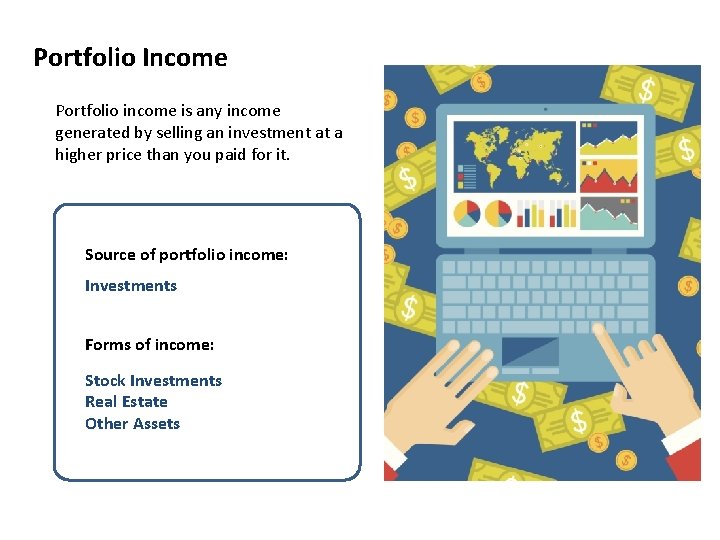Portfolio Income Portfolio income is any income generated by selling an investment at a