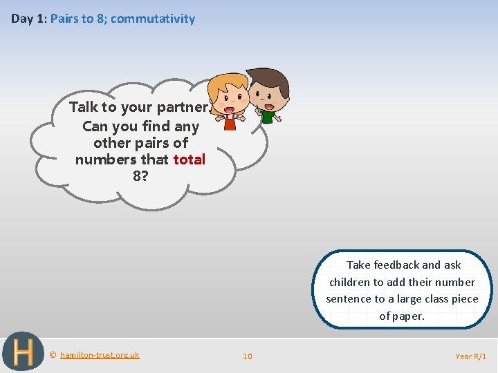 Day 1: Pairs to 8; commutativity Talk to your partner. Can you find any