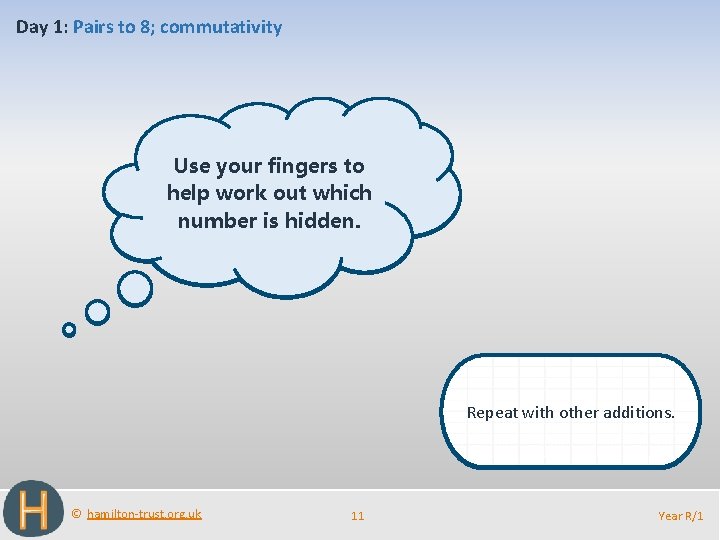 Day 1: Pairs to 8; commutativity Use your fingers to help close work your