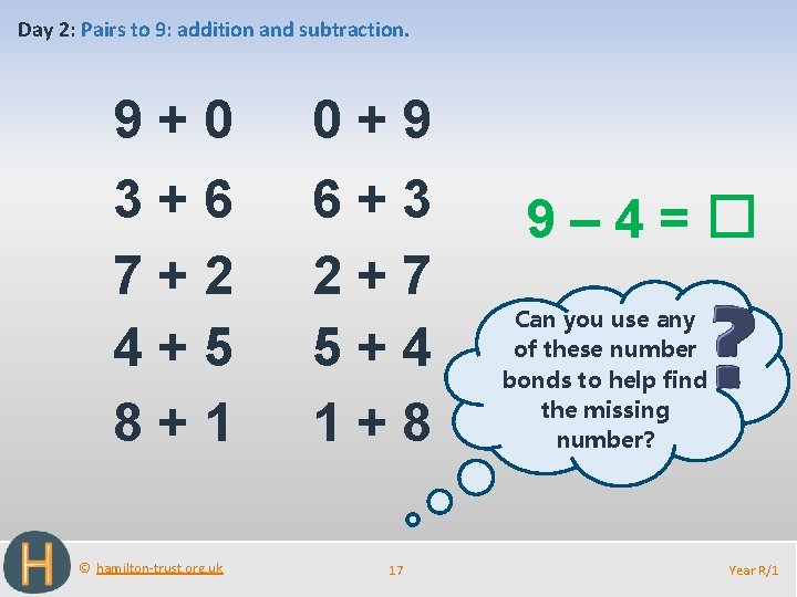 Day 2: Pairs to 9: addition and subtraction. 9+0 0+9 3+6 7+2 4+5 8+1