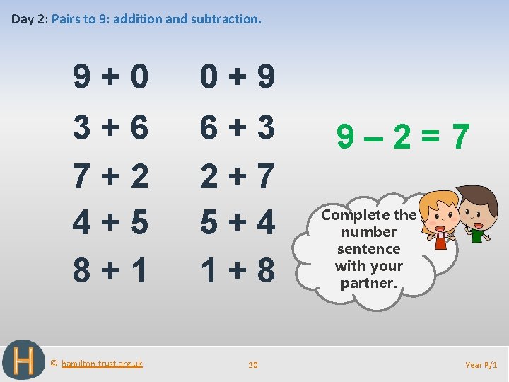 Day 2: Pairs to 9: addition and subtraction. 9+0 0+9 3+6 7+2 4+5 8+1