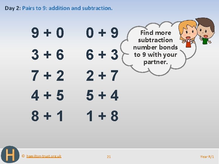 Day 2: Pairs to 9: addition and subtraction. 9+0 0+9 3+6 7+2 4+5 8+1