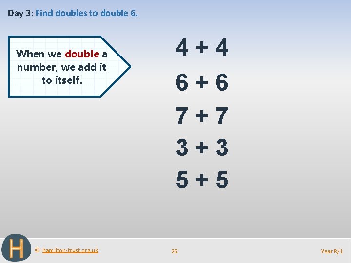 Day 3: Find doubles to double 6. When we double a number, we add