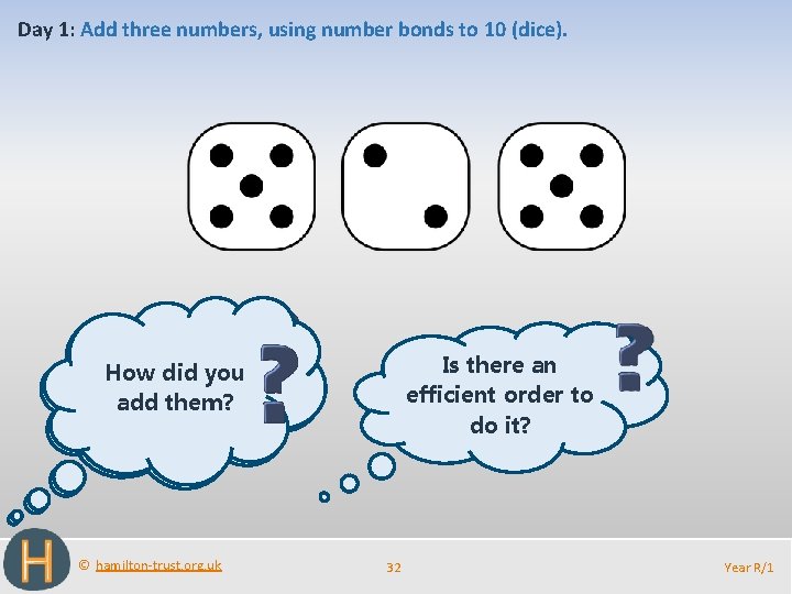 Day 1: Add three numbers, using number bonds to 10 (dice). Is there an