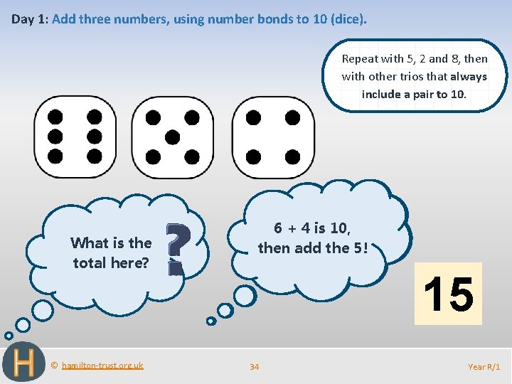 Day 1: Add three numbers, using number bonds to 10 (dice). Repeat with 5,