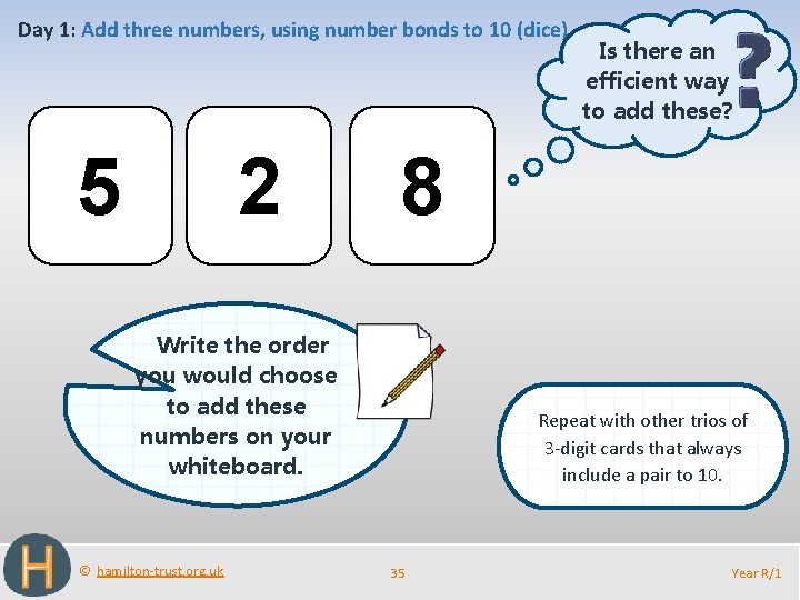 Day 1: Add three numbers, using number bonds to 10 (dice). 5 2 8