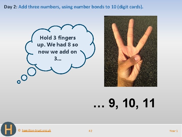 Day 2: Add three numbers, using number bonds to 10 (digit cards). Holdtry 3