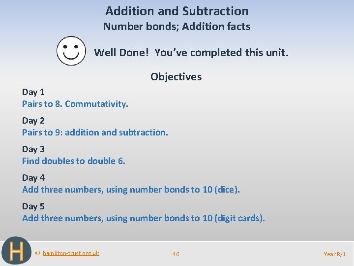 Addition and Subtraction Number bonds; Addition facts Well Done! You’ve completed this unit. Objectives