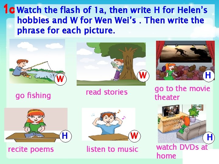 Watch the flash of 1 a, then write H for Helen’s hobbies and W