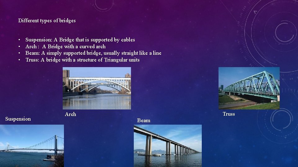 Different types of bridges • • Suspension: A Bridge that is supported by cables