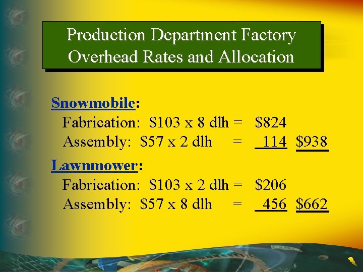 Production Department Factory Overhead Rates and Allocation Snowmobile: Fabrication: $103 x 8 dlh =
