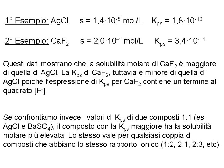 1° Esempio: Ag. Cl s = 1, 4· 10 -5 mol/L 2° Esempio: Ca.