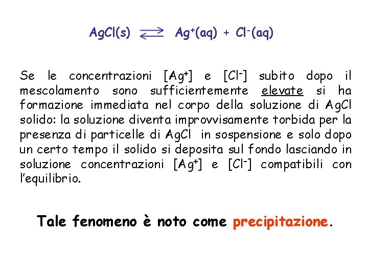 Ag. Cl(s) Ag+(aq) + Cl-(aq) Se le concentrazioni [Ag+] e [Cl–] subito dopo il