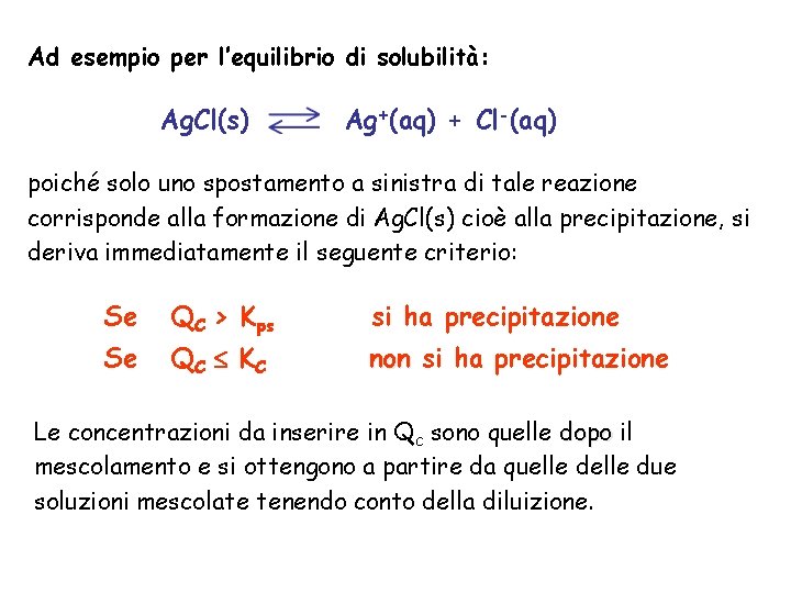 Ad esempio per l’equilibrio di solubilità: Ag. Cl(s) Ag+(aq) + Cl-(aq) poiché solo uno