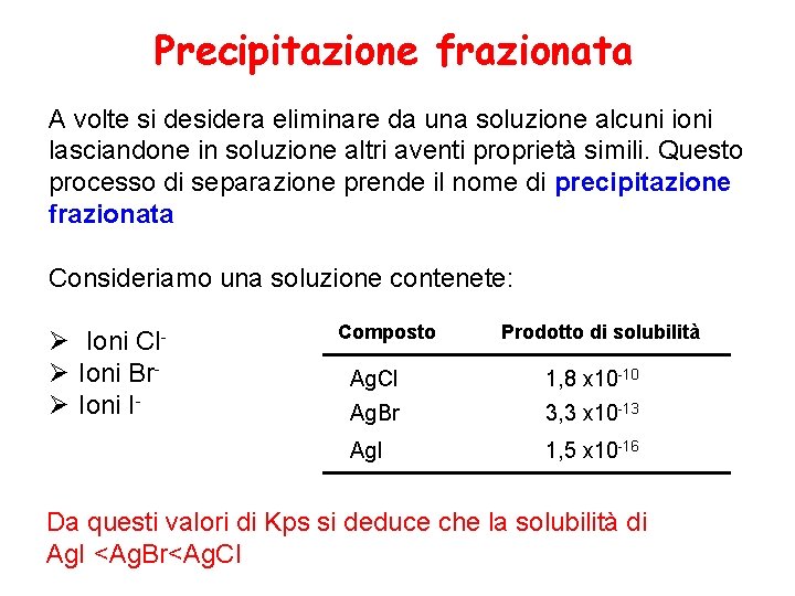 Precipitazione frazionata A volte si desidera eliminare da una soluzione alcuni ioni lasciandone in