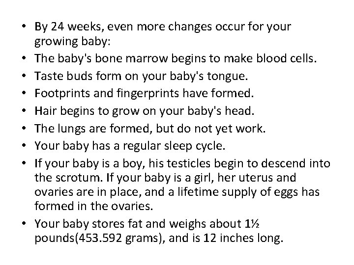 • By 24 weeks, even more changes occur for your growing baby: • • By 24 weeks, even more changes occur for your growing baby: •
