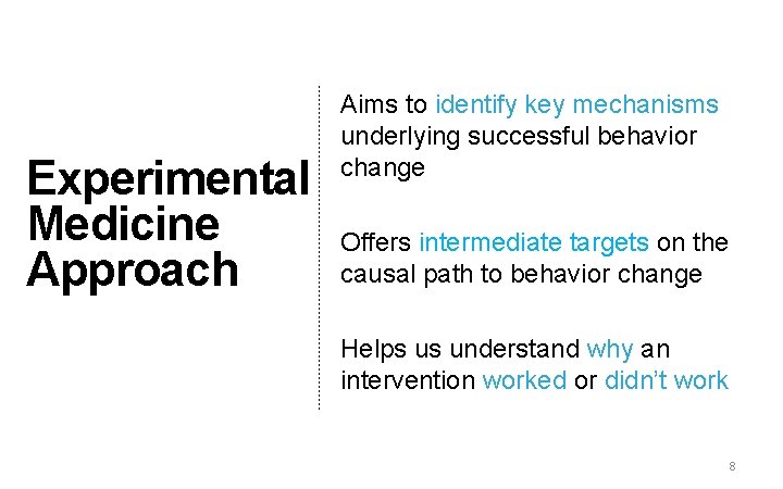 Experimental Medicine Approach Aims to identify key mechanisms underlying successful behavior change Offers intermediate