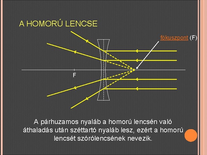 A HOMORÚ LENCSE fókuszpont (F) F A párhuzamos nyaláb a homorú lencsén való áthaladás