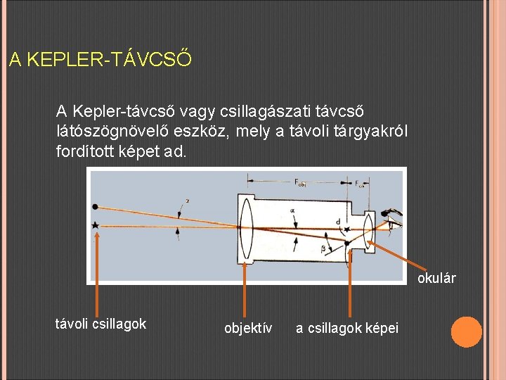 A KEPLER-TÁVCSŐ A Kepler-távcső vagy csillagászati távcső látószögnövelő eszköz, mely a távoli tárgyakról fordított