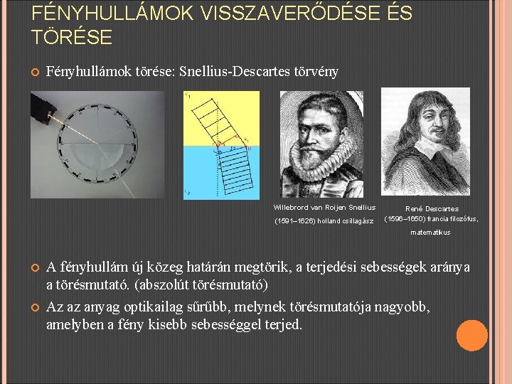 FÉNYHULLÁMOK VISSZAVERŐDÉSE ÉS TÖRÉSE Fényhullámok törése: Snellius-Descartes törvény Willebrord van Roijen Snellius (1591– 1626)