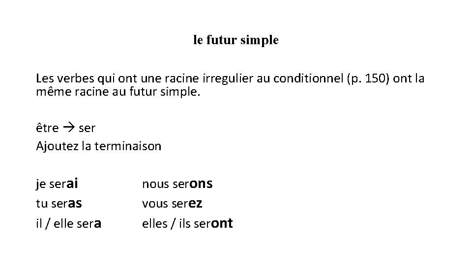 le futur simple Les verbes qui ont une racine irregulier au conditionnel (p. 150)