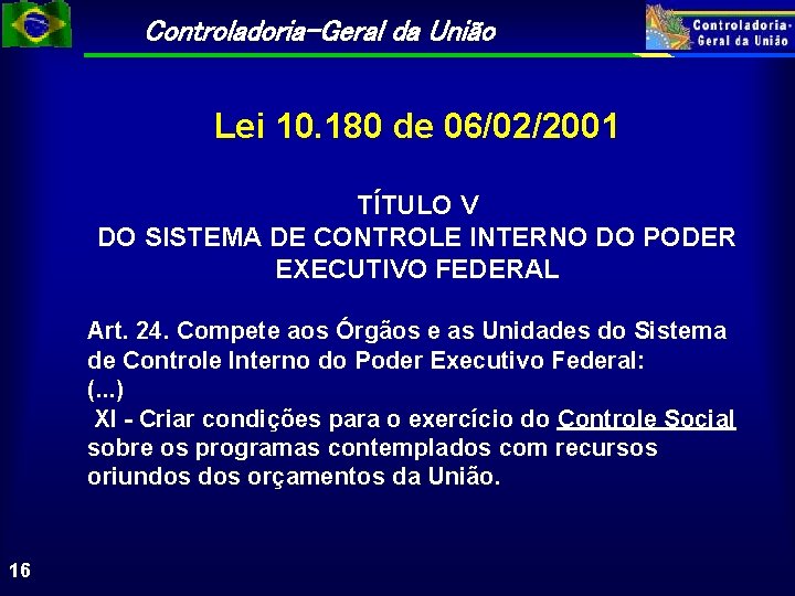 Controladoria-Geral da União Lei 10. 180 de 06/02/2001 TÍTULO V DO SISTEMA DE CONTROLE