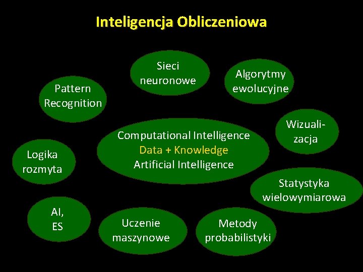 Inteligencja Obliczeniowa Pattern Recognition Logika rozmyta AI, ES Sieci neuronowe Algorytmy ewolucyjne Wizualizacja Computational