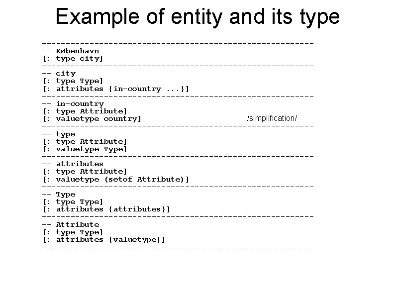 Example of entity and its type ----------------------------- København [: type city] ----------------------------- city [: