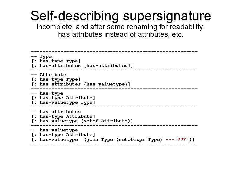 Self-describing supersignature incomplete, and after some renaming for readability: has-attributes instead of attributes, etc. Self-describing supersignature incomplete, and after some renaming for readability: has-attributes instead of attributes, etc.