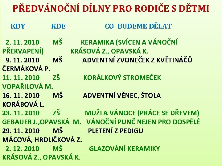 PŘEDVÁNOČNÍ DÍLNY PRO RODIČE S DĚTMI KDY KDE CO BUDEME DĚLAT 2. 11. 2010