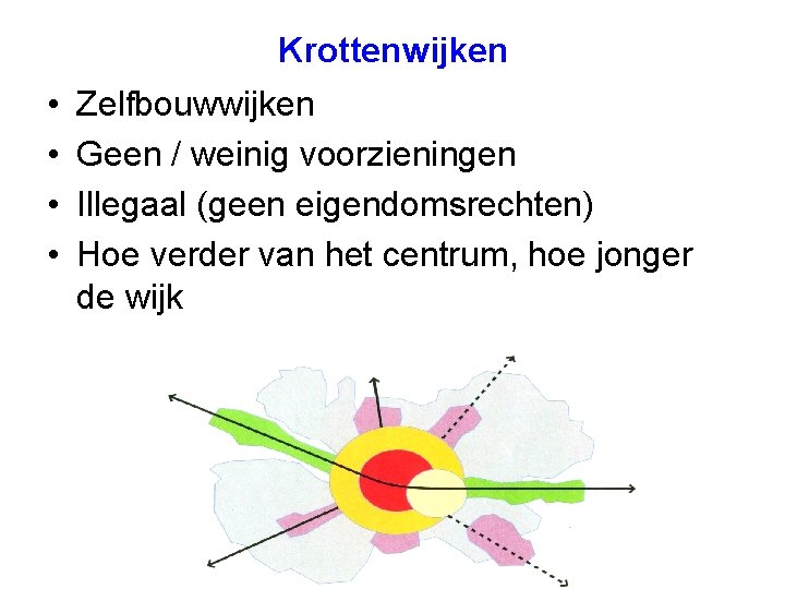 Krottenwijken • • Zelfbouwwijken Geen / weinig voorzieningen Illegaal (geen eigendomsrechten) Hoe verder van