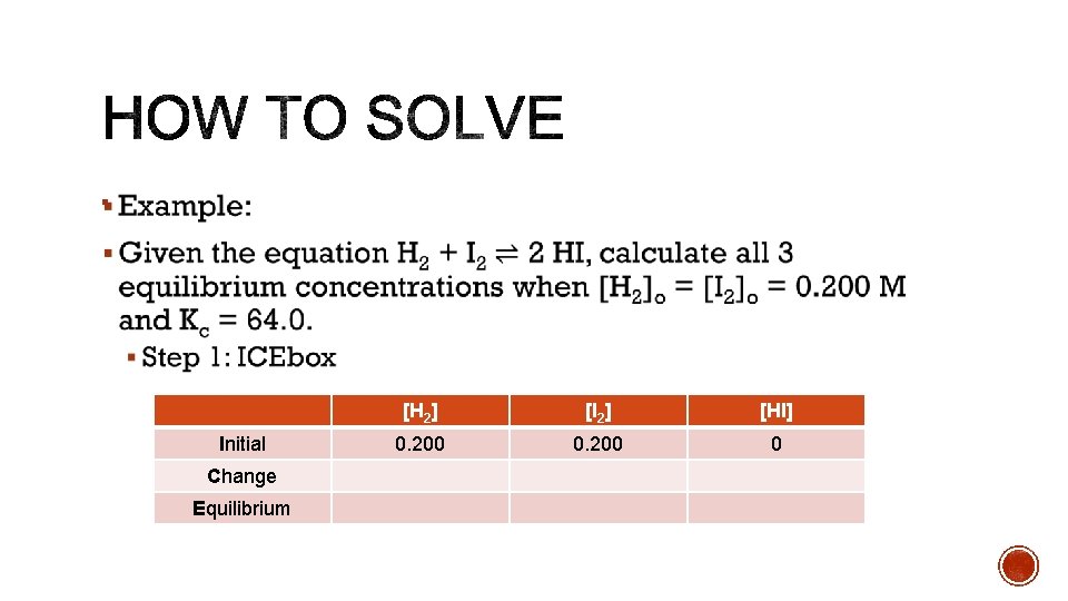 § Initial Change Equilibrium [H 2] [I 2] [HI] 0. 200 0 