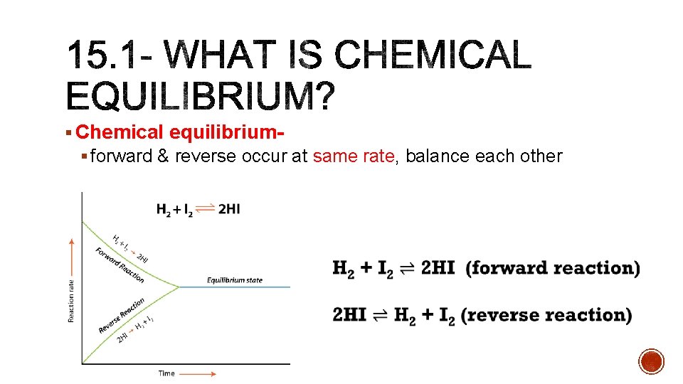 § Chemical equilibrium§ forward & reverse occur at same rate, balance each other 