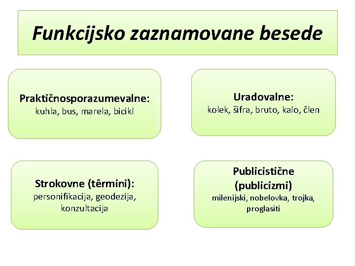 Funkcijsko zaznamovane besede Praktičnosporazumevalne: Uradovalne: kuhla, bus, marela, bicikl kolek, šifra, bruto, kalo, člen