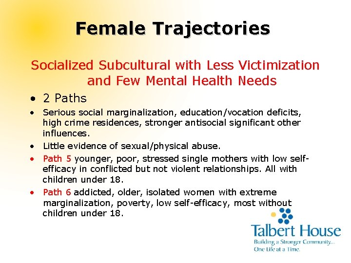 Female Trajectories Socialized Subcultural with Less Victimization and Few Mental Health Needs • 2