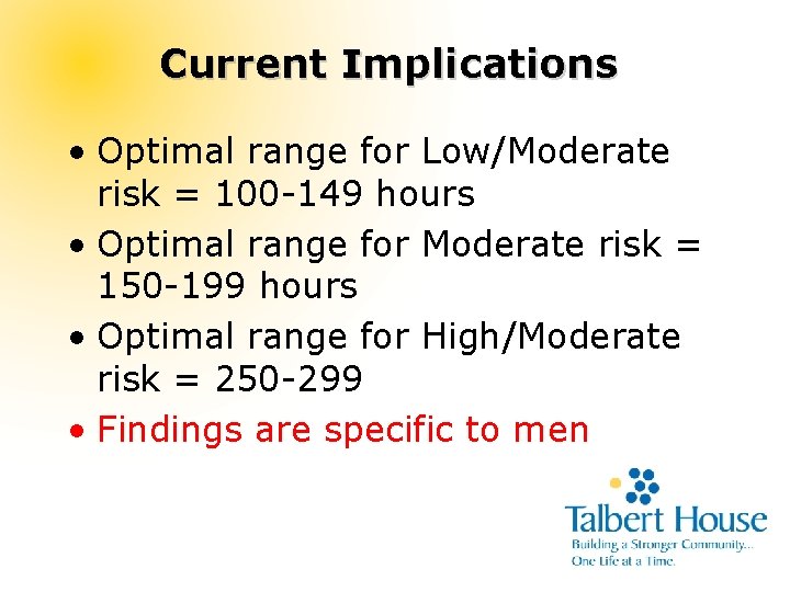 Current Implications • Optimal range for Low/Moderate risk = 100 -149 hours • Optimal