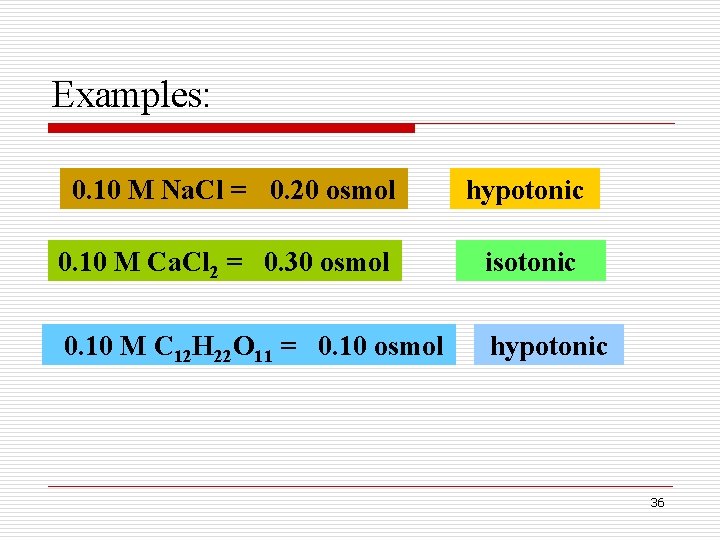 Examples: 0. 10 M Na. Cl = 0. 20 osmol hypotonic 0. 10 M