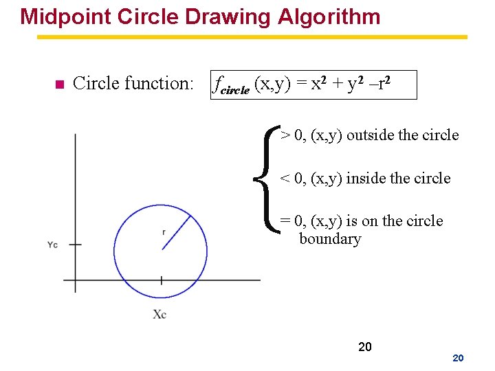 Midpoint Circle Drawing Algorithm n Circle function: fcircle (x, y) = x 2 +