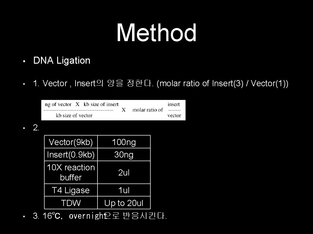 Method • DNA Ligation • 1. Vector , Insert의 양을 정한다. (molar ratio of